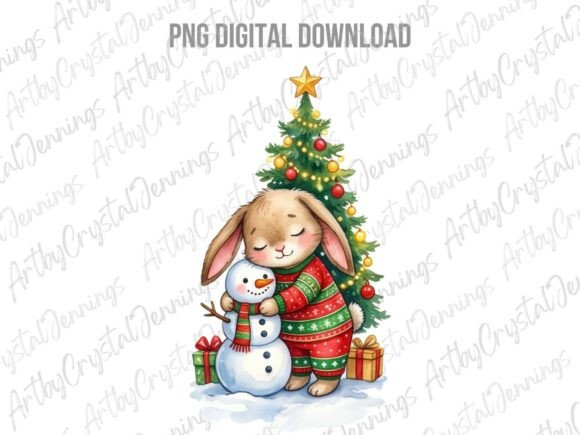 Christmas Bunny Hugging Snowman PNG Illustrations