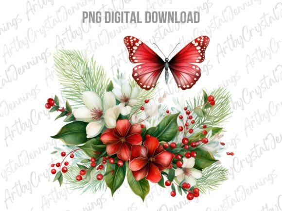 Christmas Floral Butterfly PNG Illustrations