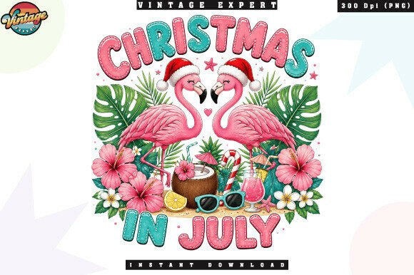 Christmas in July Flamingo Patchwork PNG Illustrations