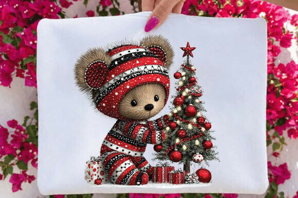 Christmas Teddy Bear by Christmas Tree Illustrations