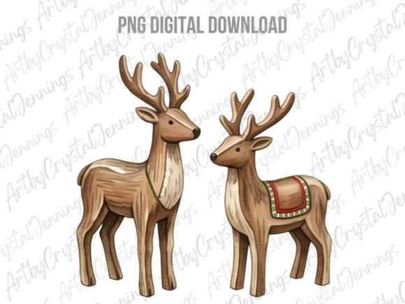 Christmas Winter Wooden Reindeer PNG Illustrations