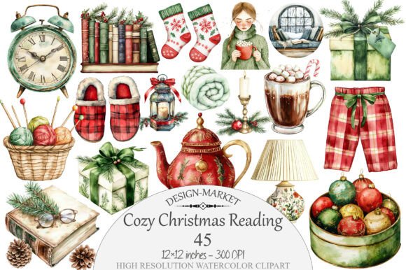 Cozy Christmas Reading Clipart & Illustrations