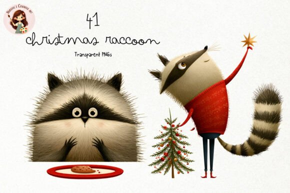 Cute Christmas Raccoon PNG Clipart & Illustrations