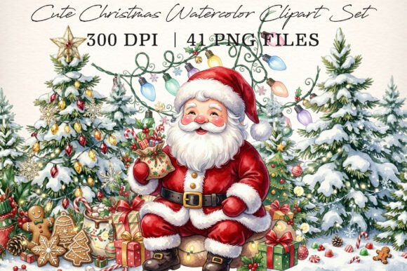 Cute Christmas Watercolor Clipart Set Illustrations