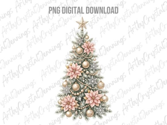 Elegant Pink Poinsettia Christmas Tree Illustrations