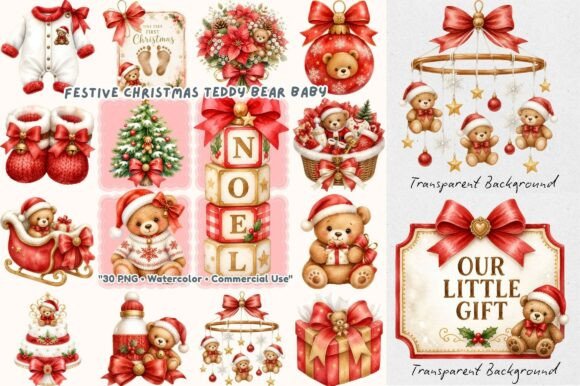 Festive Coquette Christmas Baby Bear Illustrations