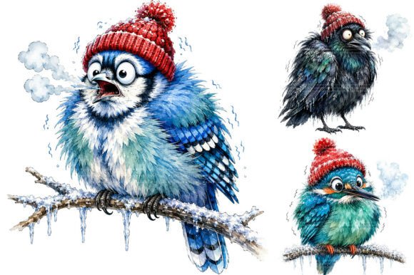 Funny Christmas Birds Clipart Bundle Illustrations