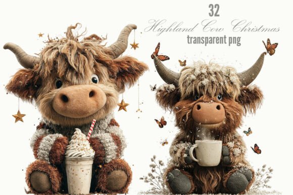 Highland Cow Christmas Whimsical Clipart & Illustrations
