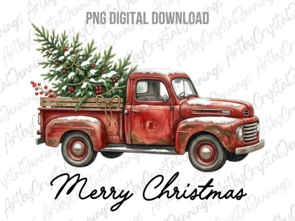 Retro Red Merry Christmas Truck PNG & Illustrations