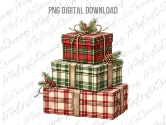 Rustic Plaid Christmas Gift Clipart PNG & Illustrations