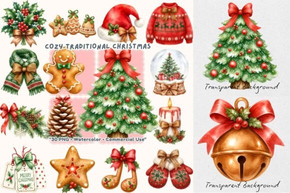 Traditional Cozy Christmas Watercolor Illustrations