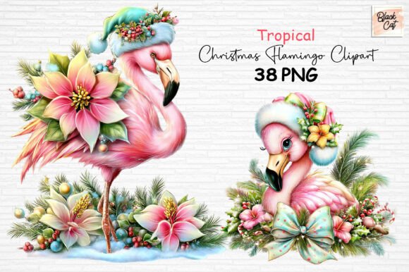 Tropical Christmas Flamingo Clipart PNG Illustrations