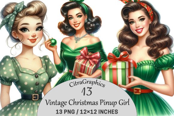 Vintage Christmas Pinup Girl Clipart Illustrations