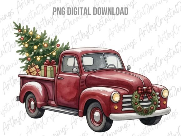 Vintage Christmas Red Truck PNG & Illustrations