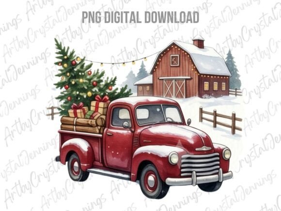 Vintage Red Truck Christmas PNG Illustrations