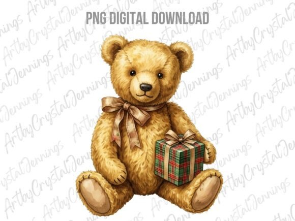 Vintage Style Christmas Teddy Bear PNG Illustrations