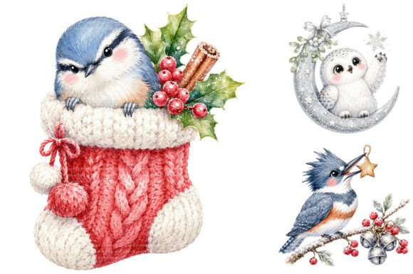 Watercolor Christmas Birds Illustrations Review