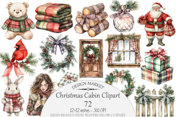 Watercolor Christmas Cabin Clipart & Illustrations