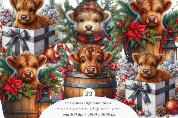 Watercolor Christmas Highland Cows Png & Illustrations
