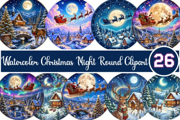 Watercolor Christmas Night Round Clipart & Illustrations