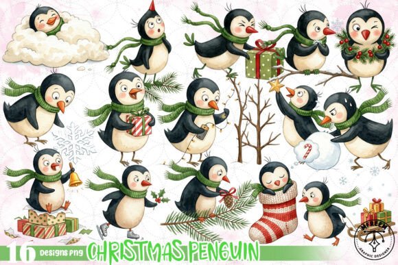 Watercolor Christmas Penguin PNG & Illustrations