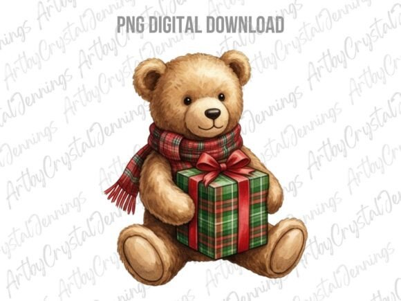 Watercolor Christmas Teddy Bear PNG Illustrations
