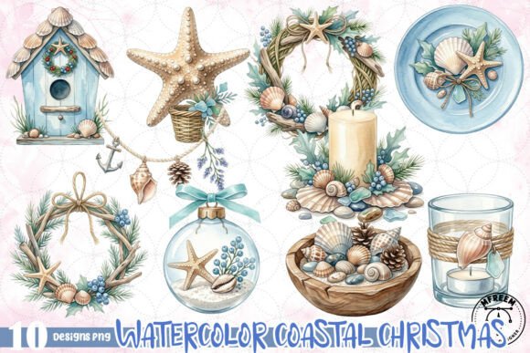Watercolor Coastal Christmas PNG Illustrations