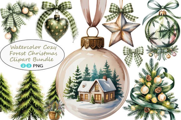 Watercolor Cozy Forest Christmas Clipart & Illustrations