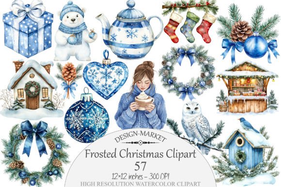 Watercolor Frosted Christmas Clipart & Illustrations