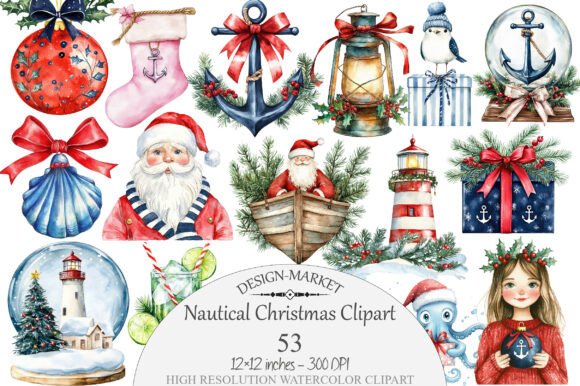 Watercolor Nautical Christmas Clipart & Illustrations