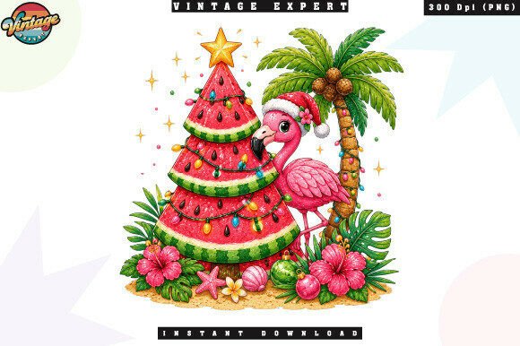 Watermelon Christmas Tree Flamingo PNG Illustrations
