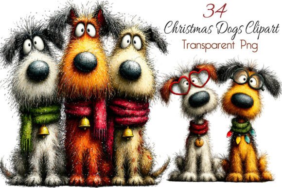 Whimsical Christmas Dogs Clipart & Illustrations