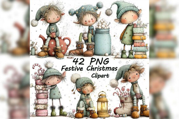 Whimsical Christmas Elf Clipart Set & Illustrations