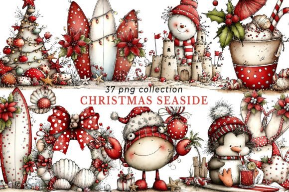 Whimsical Christmas Seaside Clipart & Illustrations