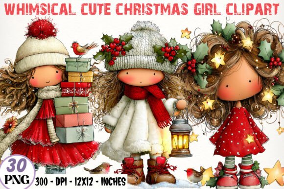 Whimsical Cute Christmas Girl Clipart & Illustrations