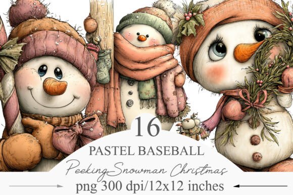 Whimsical Peeking Snowman Christmas Illustrations