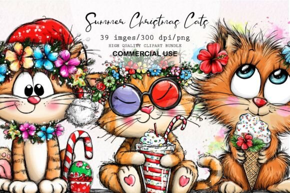 Whimsical Summer Christmas Cats Clipart Review