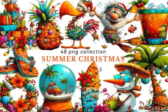 Whimsical Summer Christmas Clipart & Illustrations