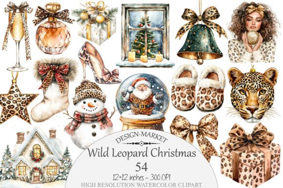 Wild Leopard Christmas Clipart & Illustrations